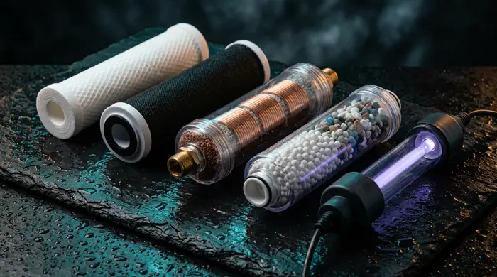 Close-up of RO sediment, carbon, copper, alkaline and UV filter cartridges