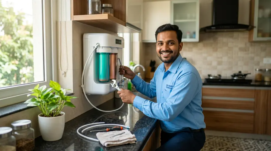 Aqua Expert technician installing a wall-mounted RO water purifier in a Bangalore kitchen